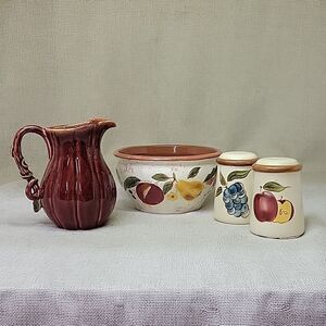 4 -pc Home Around the Orchard Salt Pepper, Grasslands Road Pitcher & fruit bowl